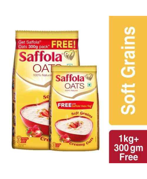 Saffola Rolled Oats  ,Natural With High Protein  Fibre, Healthy Cereals, Creamy, 1 kg WITH 300gm free pouch